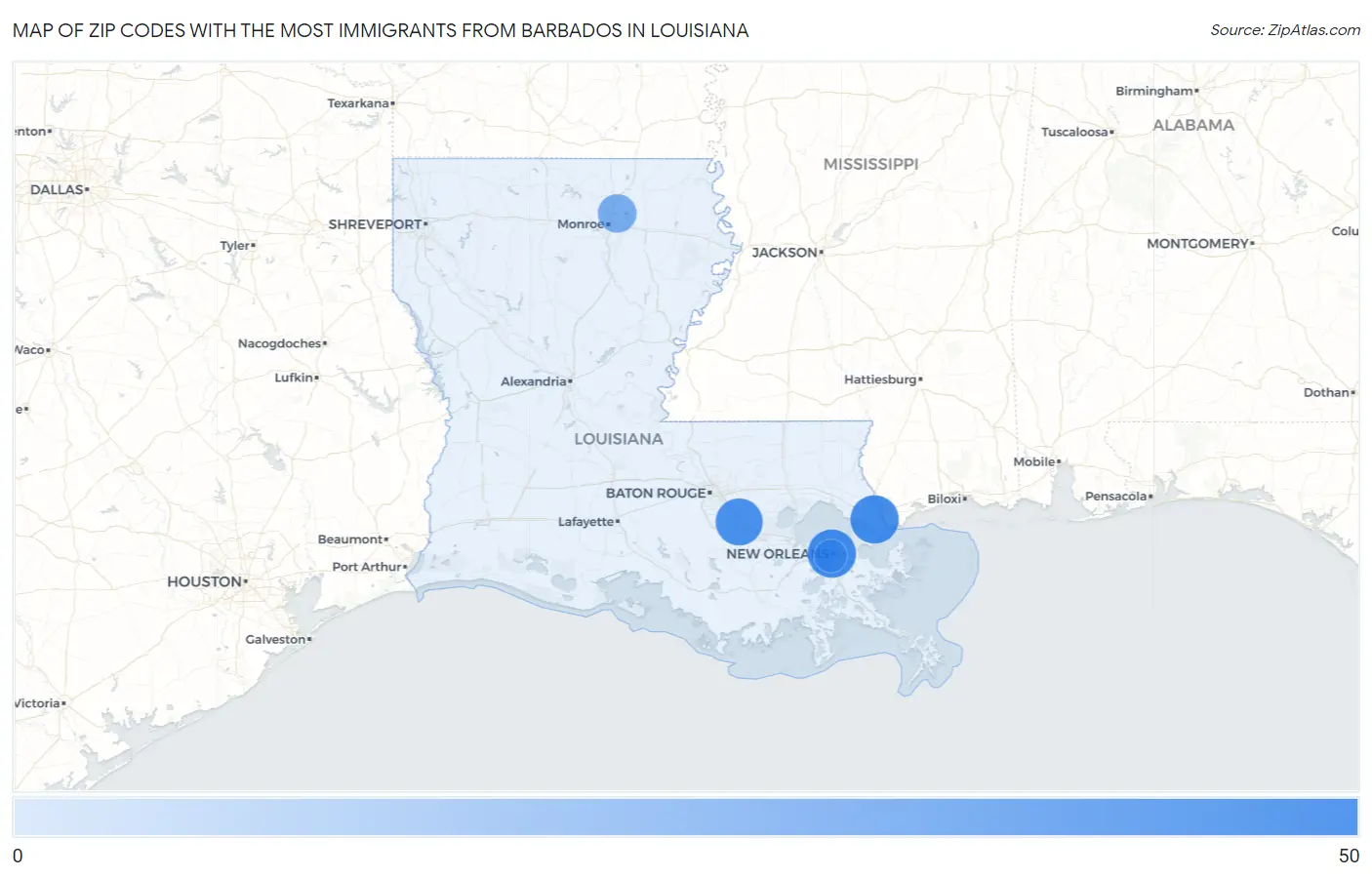 Zip Codes with the Most Immigrants from Barbados in Louisiana Map