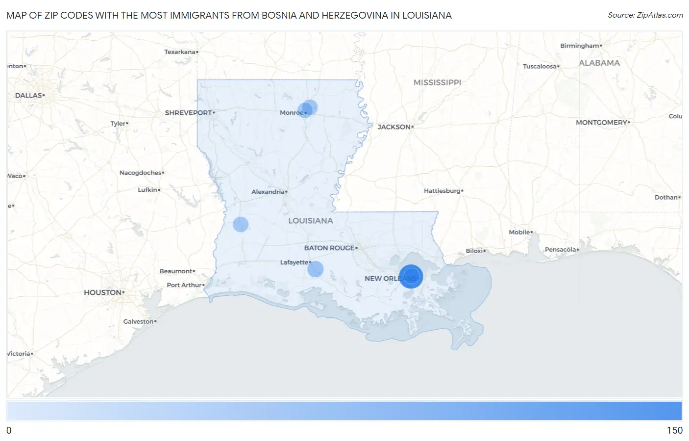 Zip Codes with the Most Immigrants from Bosnia and Herzegovina in Louisiana Map