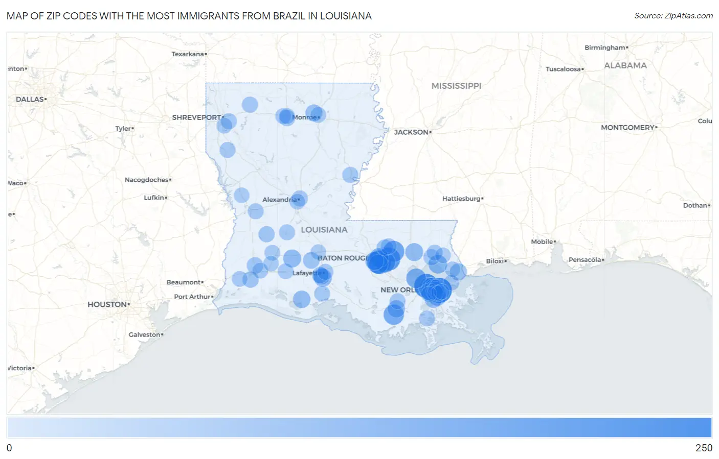 Zip Codes with the Most Immigrants from Brazil in Louisiana Map