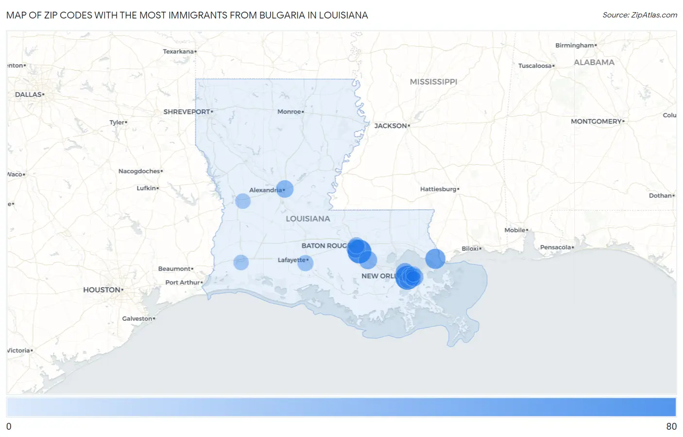 Zip Codes with the Most Immigrants from Bulgaria in Louisiana Map