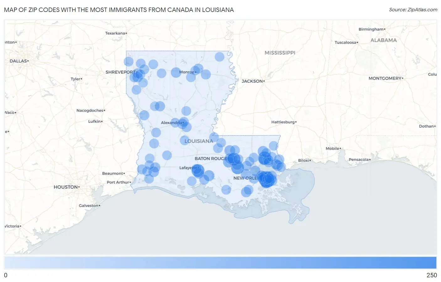 Zip Codes with the Most Immigrants from Canada in Louisiana Map