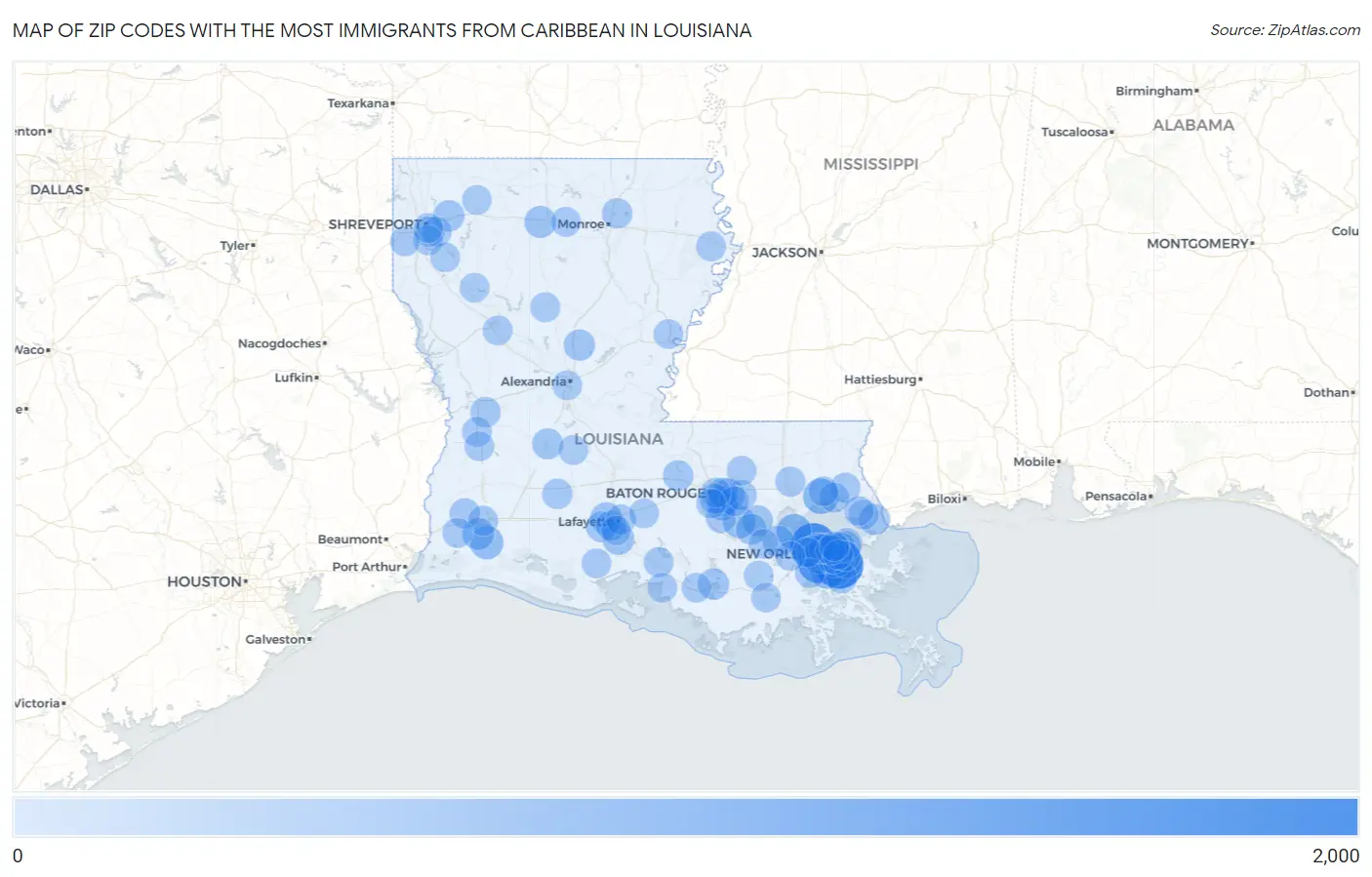 Zip Codes with the Most Immigrants from Caribbean in Louisiana Map