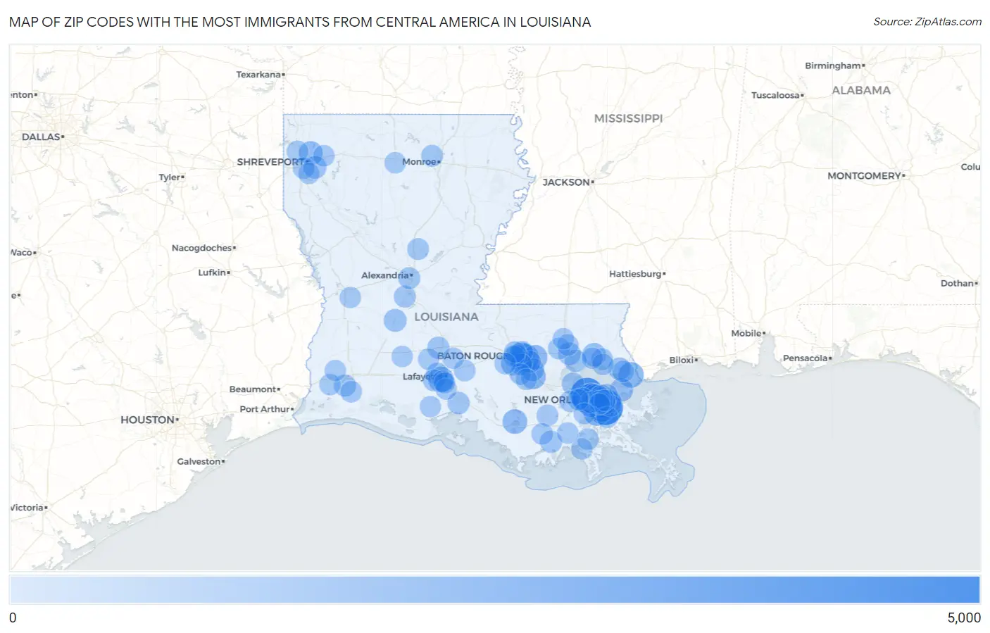 Zip Codes with the Most Immigrants from Central America in Louisiana Map