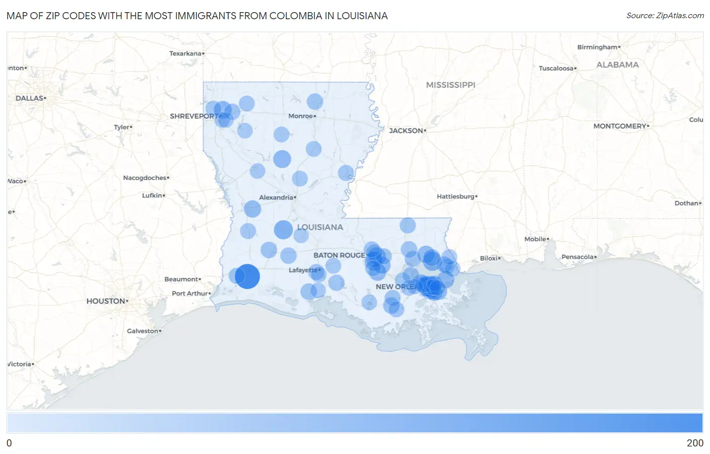 Zip Codes with the Most Immigrants from Colombia in Louisiana Map