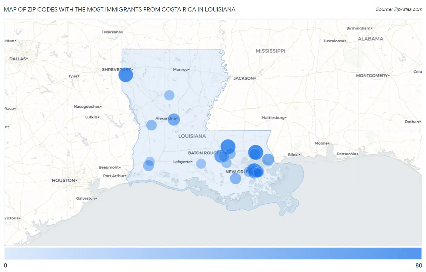 Zip Codes with the Most Immigrants from Costa Rica in Louisiana Map