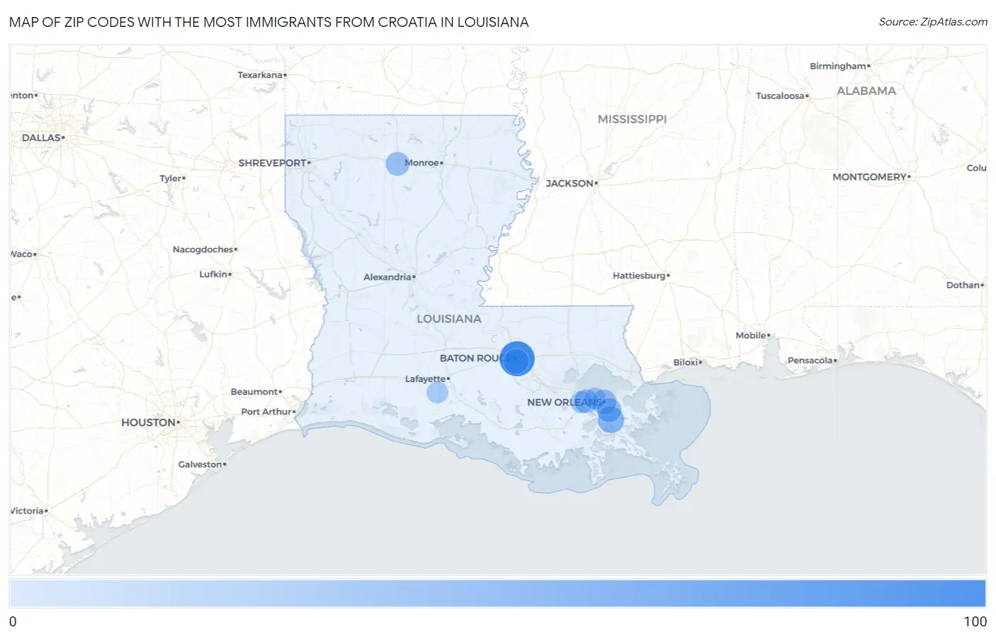 Zip Codes with the Most Immigrants from Croatia in Louisiana Map