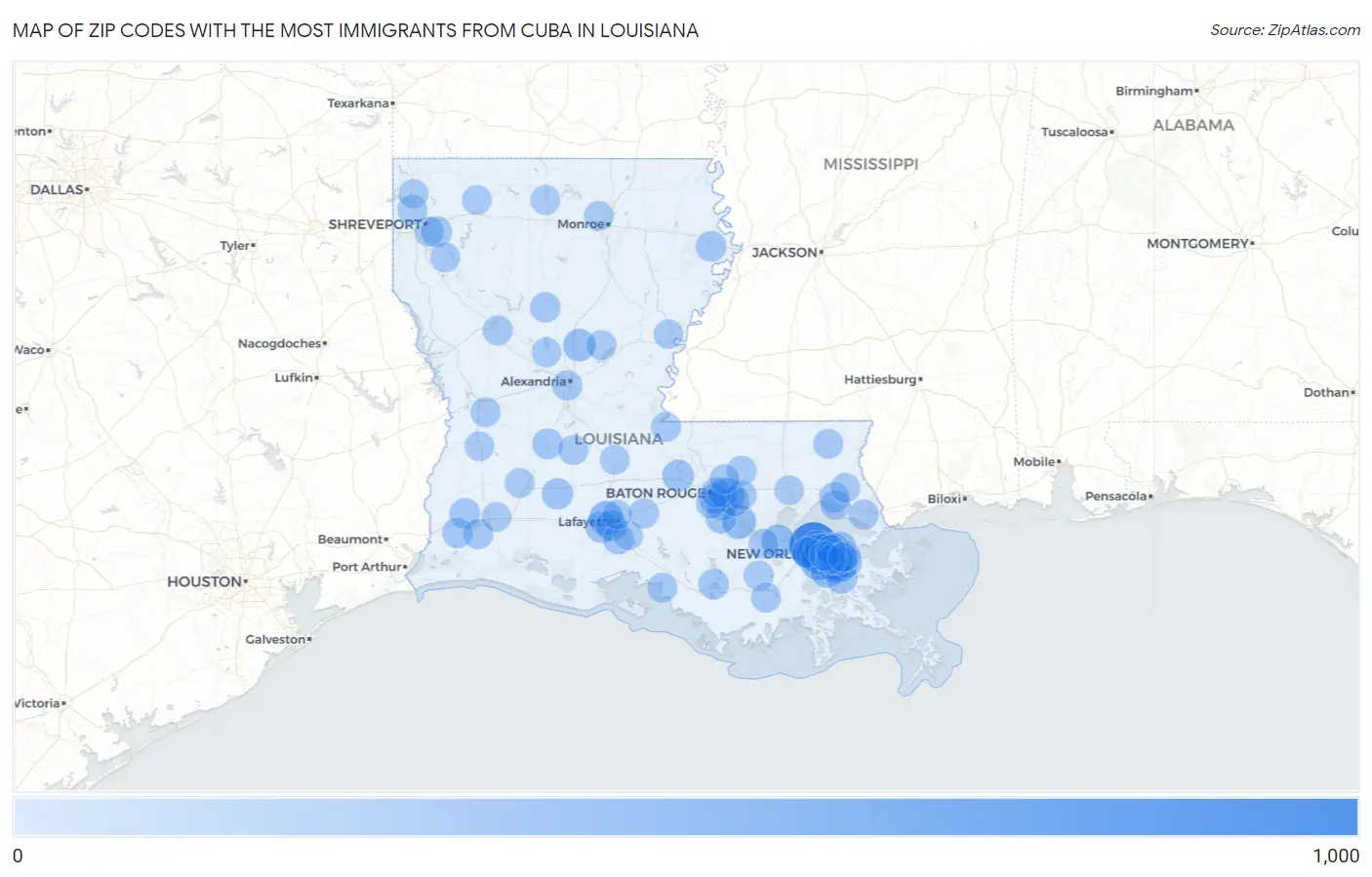 Zip Codes with the Most Immigrants from Cuba in Louisiana Map