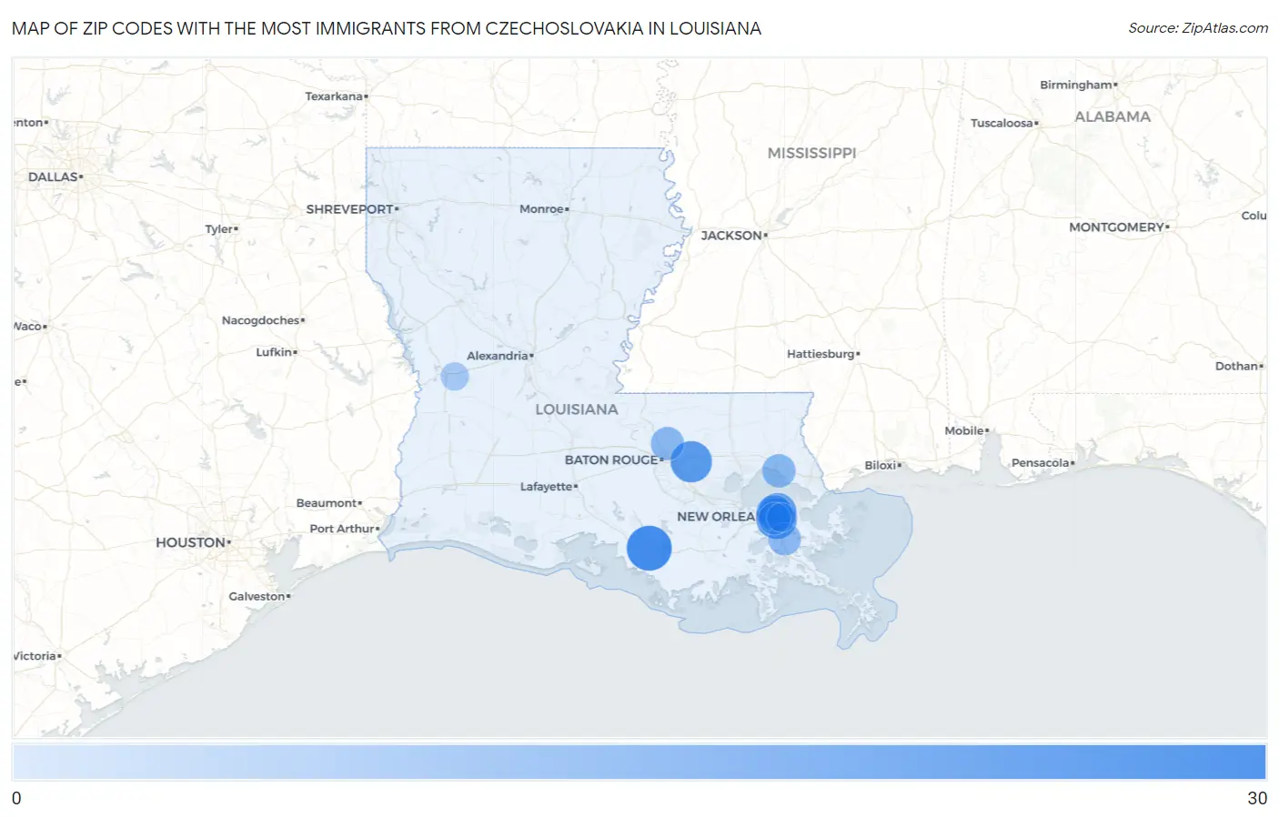 Zip Codes with the Most Immigrants from Czechoslovakia in Louisiana Map