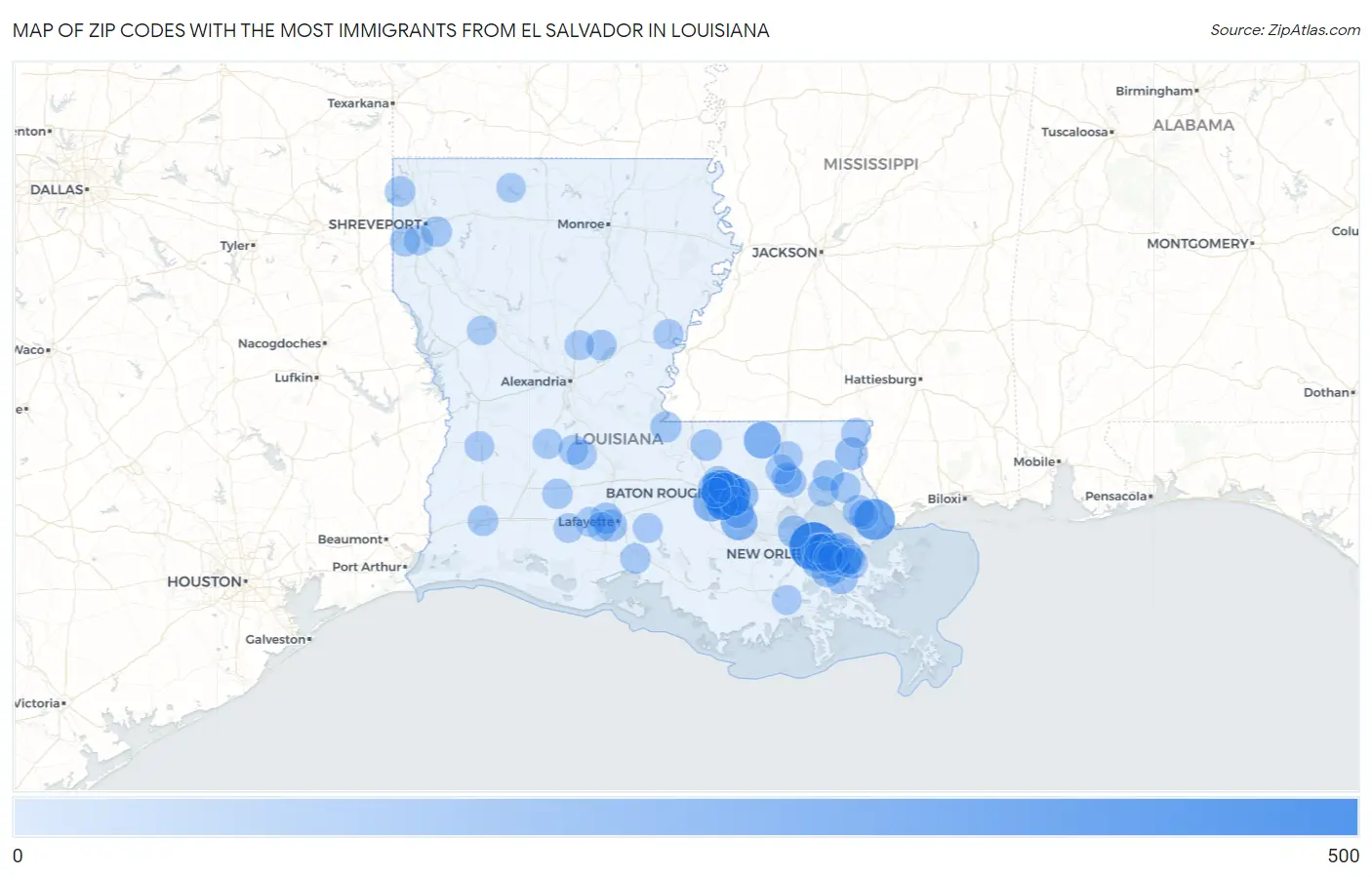 Zip Codes with the Most Immigrants from El Salvador in Louisiana Map