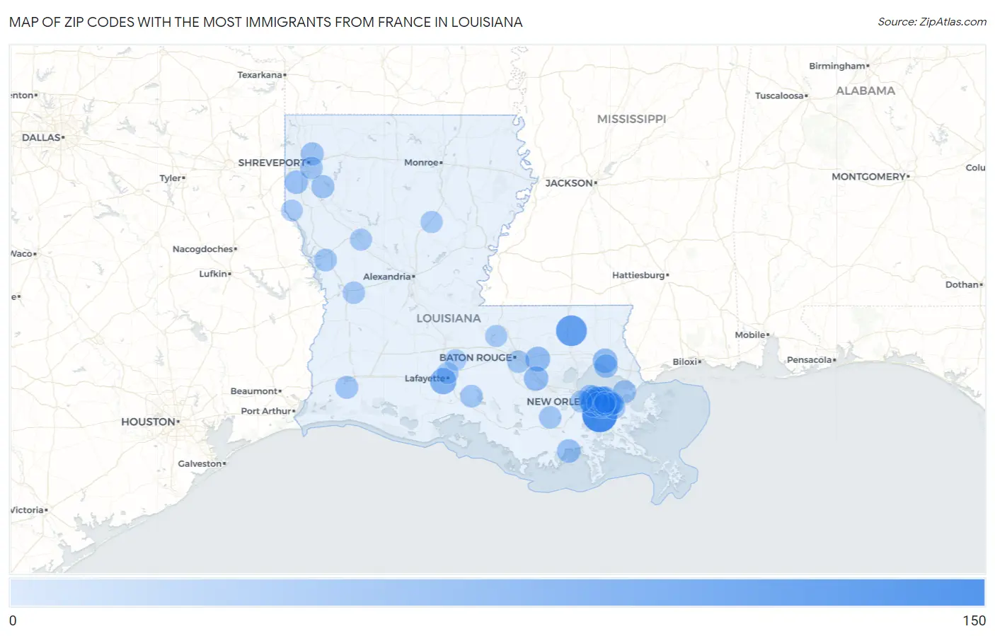 Zip Codes with the Most Immigrants from France in Louisiana Map