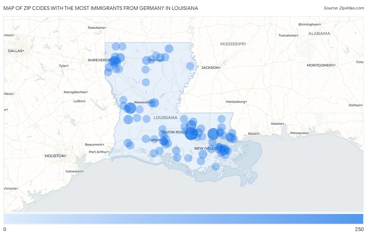 Zip Codes with the Most Immigrants from Germany in Louisiana Map
