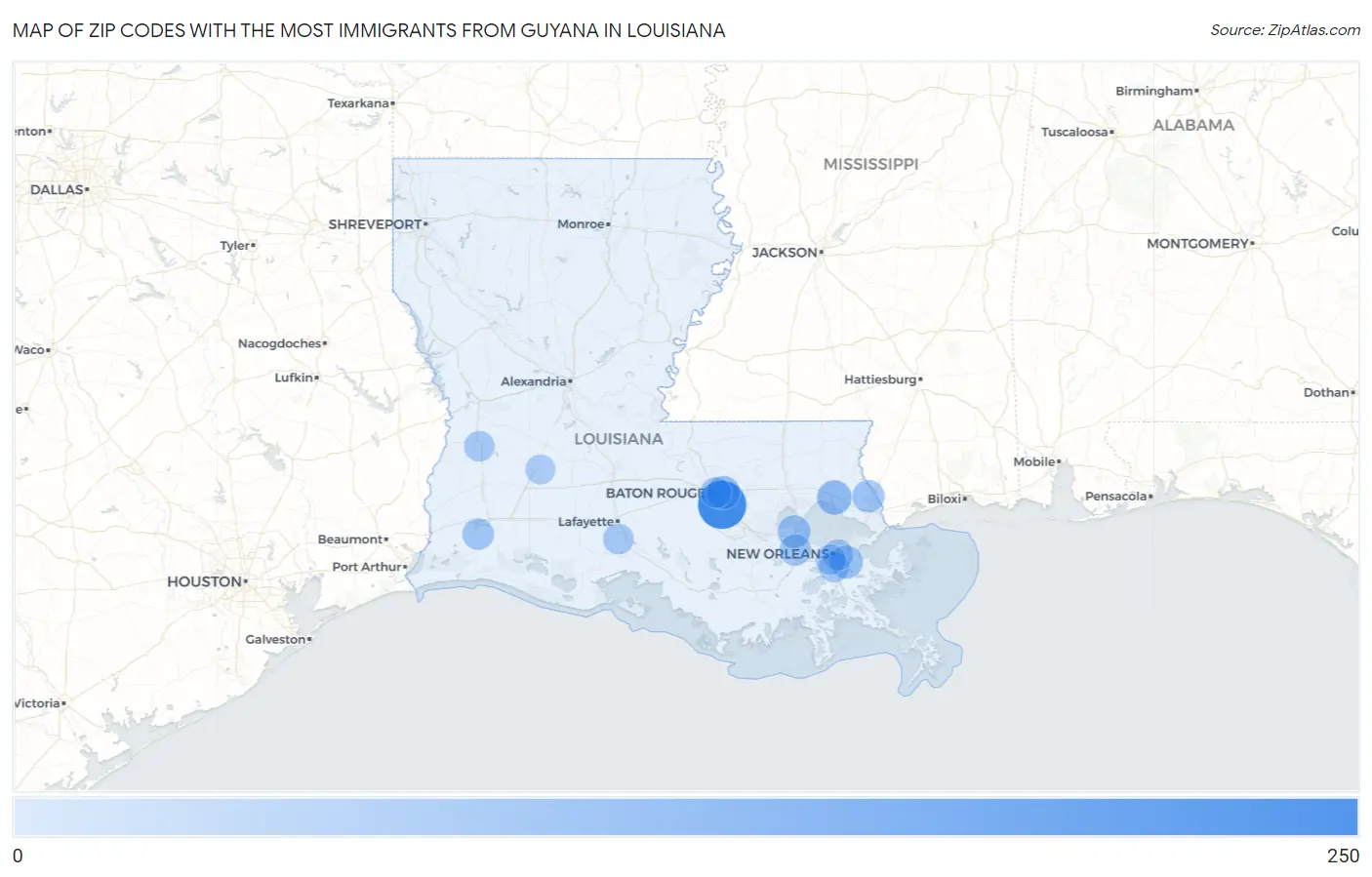 Zip Codes with the Most Immigrants from Guyana in Louisiana Map