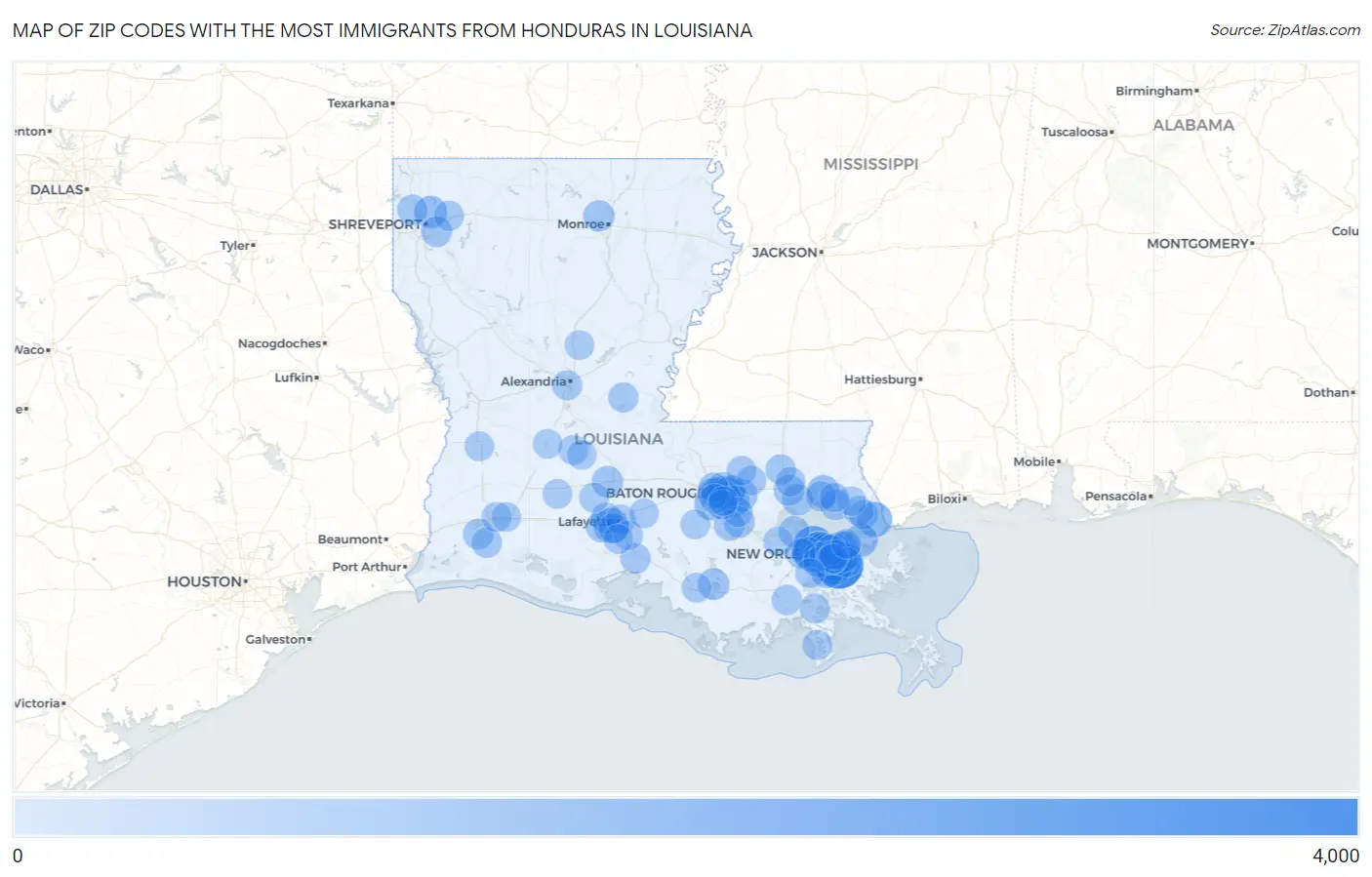 Zip Codes with the Most Immigrants from Honduras in Louisiana Map