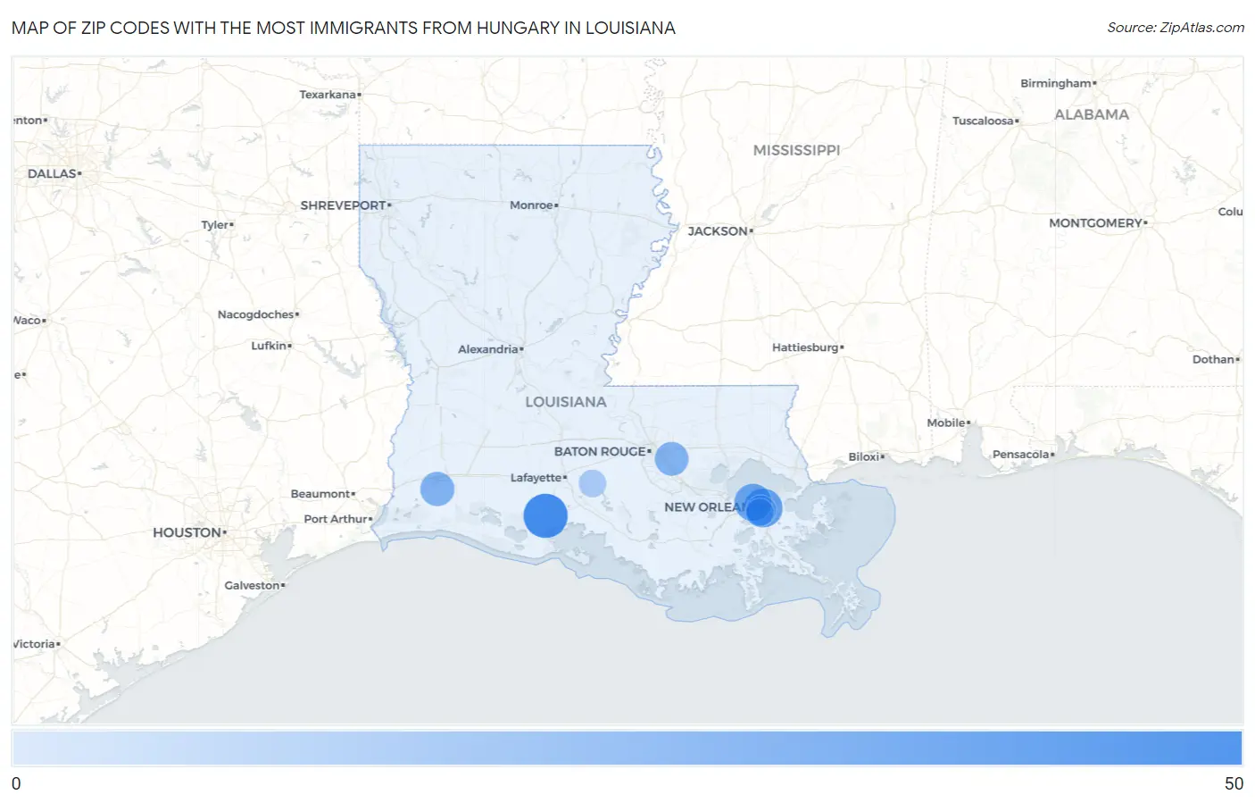 Zip Codes with the Most Immigrants from Hungary in Louisiana Map