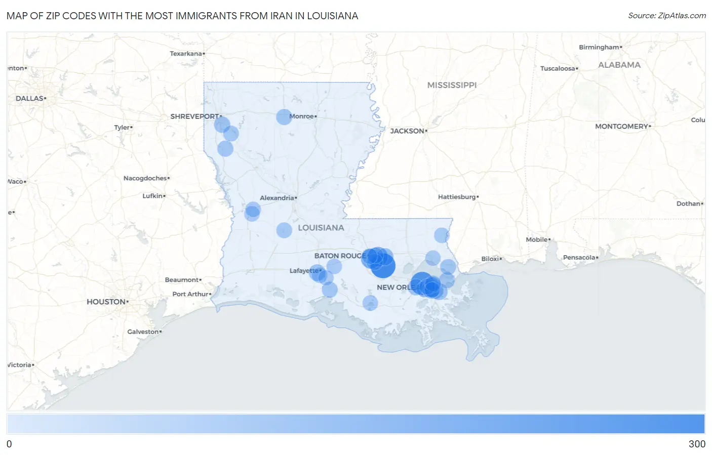 Zip Codes with the Most Immigrants from Iran in Louisiana Map