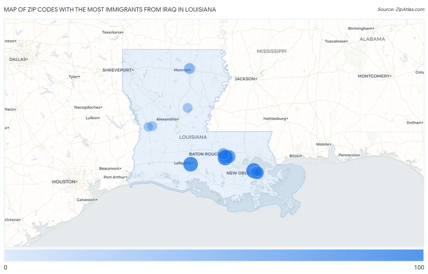 Zip Codes with the Most Immigrants from Iraq in Louisiana Map