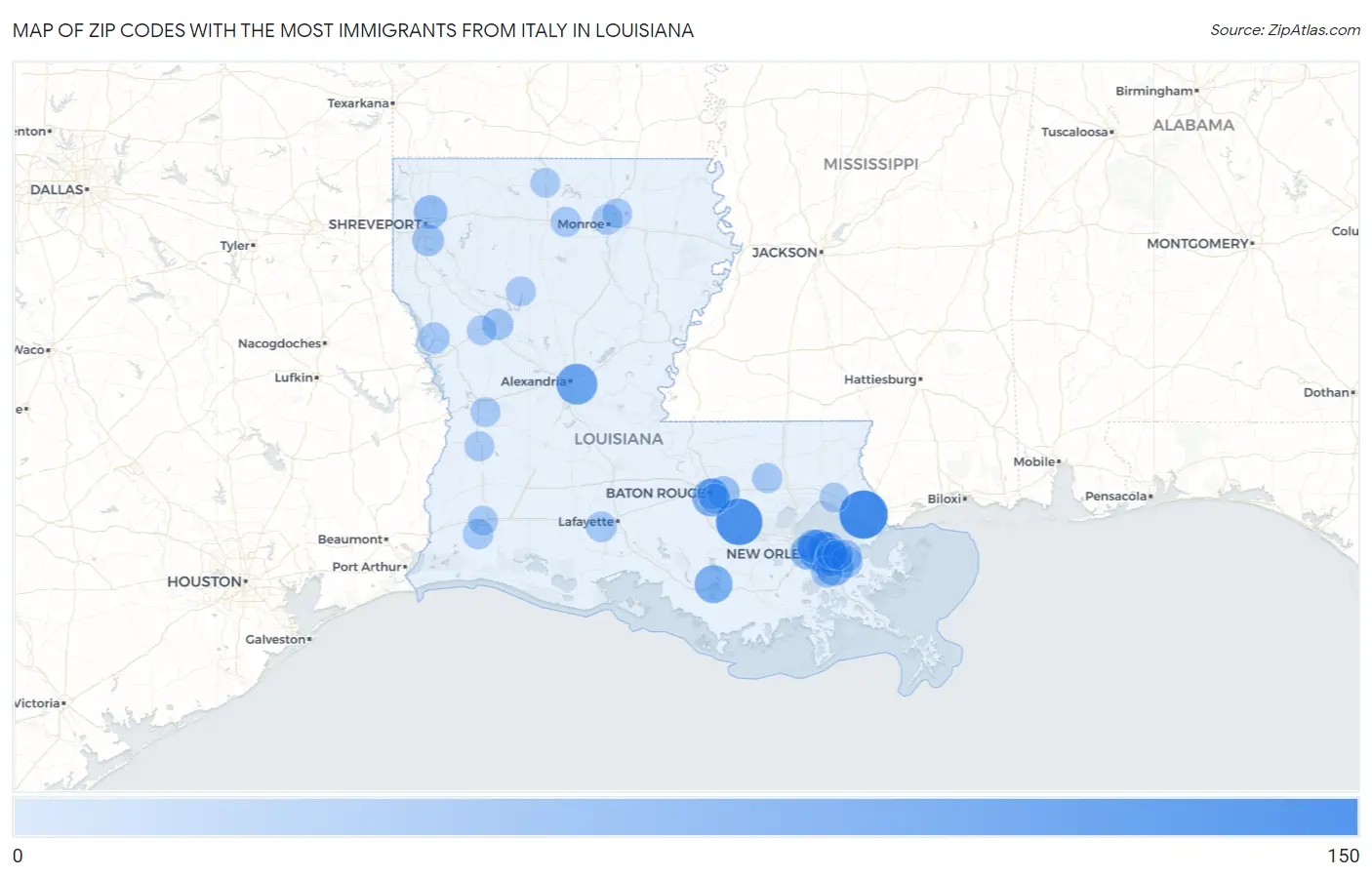 Zip Codes with the Most Immigrants from Italy in Louisiana Map