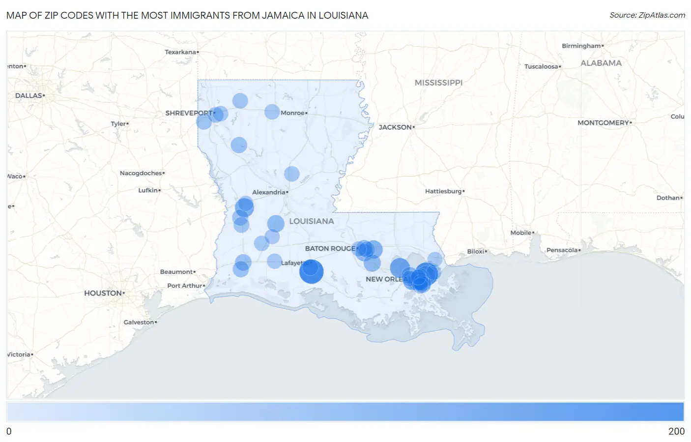 Zip Codes with the Most Immigrants from Jamaica in Louisiana Map