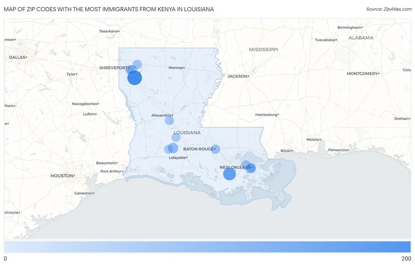 Zip Codes with the Most Immigrants from Kenya in Louisiana Map