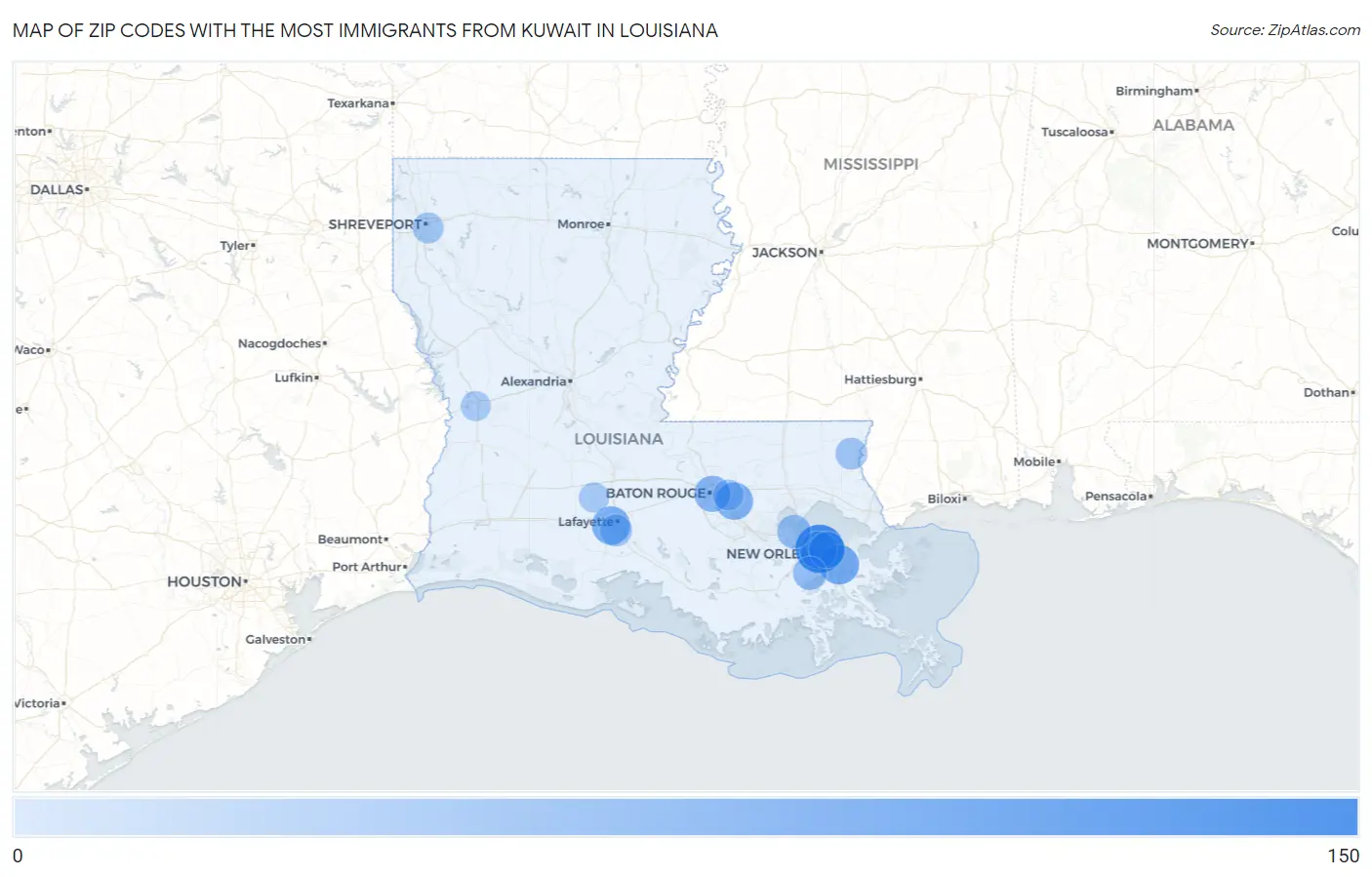 Zip Codes with the Most Immigrants from Kuwait in Louisiana Map