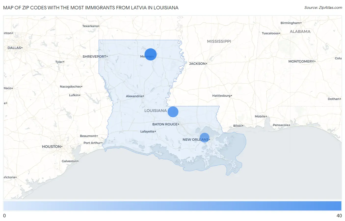Zip Codes with the Most Immigrants from Latvia in Louisiana Map