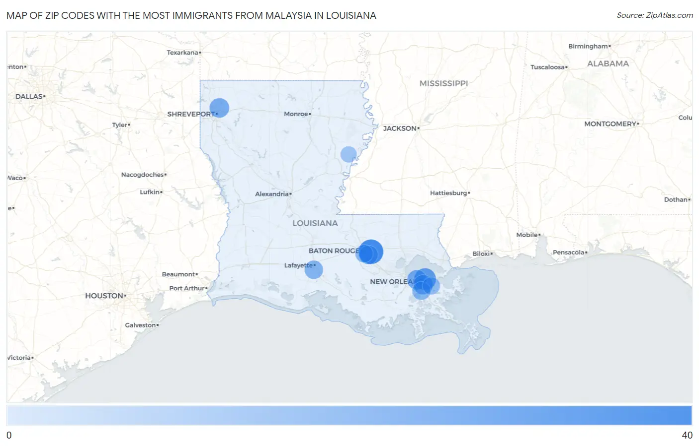 Zip Codes with the Most Immigrants from Malaysia in Louisiana Map