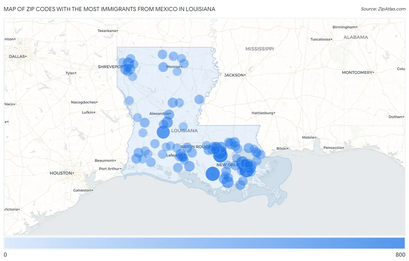 Zip Codes with the Most Immigrants from Mexico in Louisiana Map