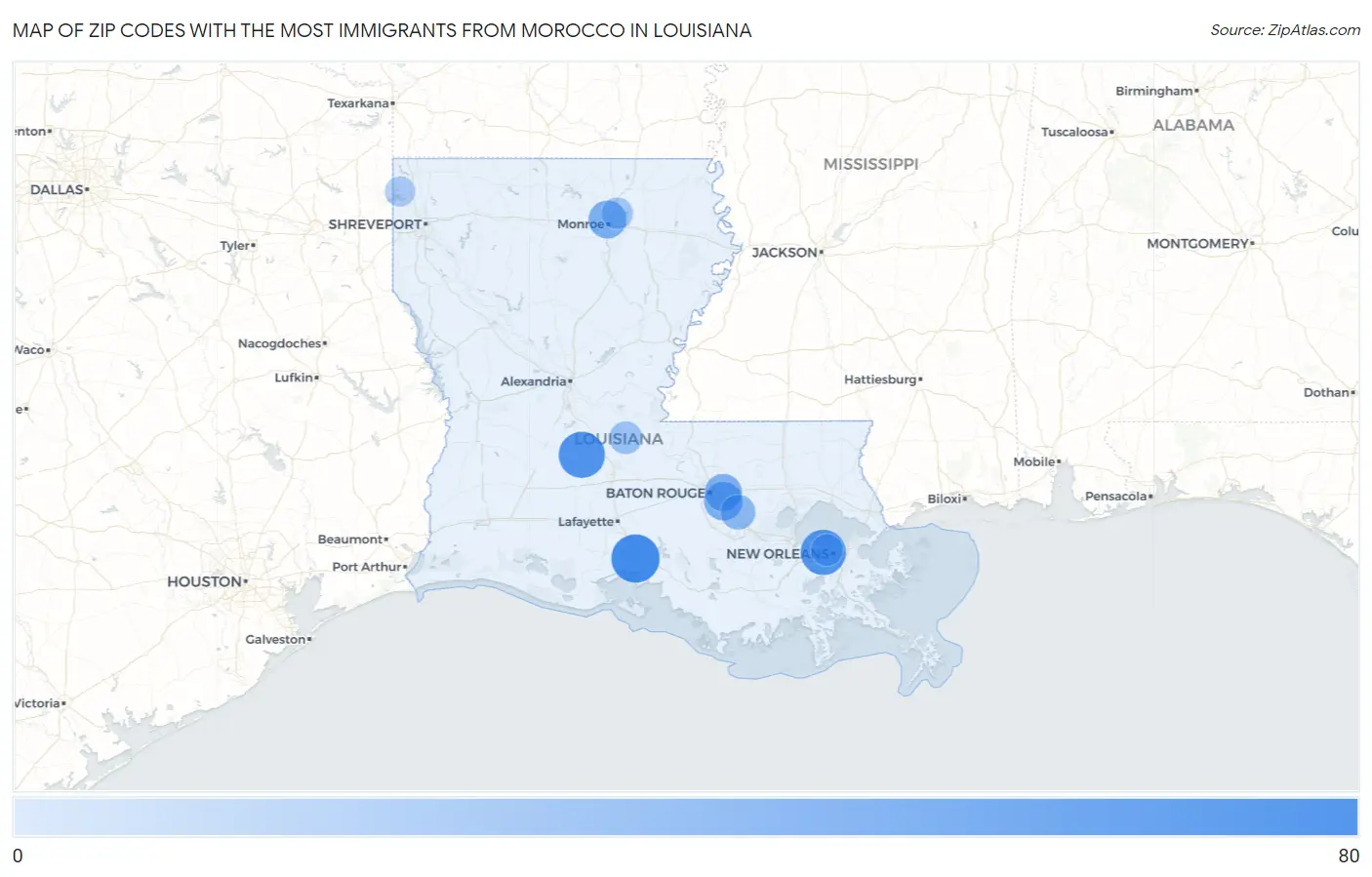 Zip Codes with the Most Immigrants from Morocco in Louisiana Map