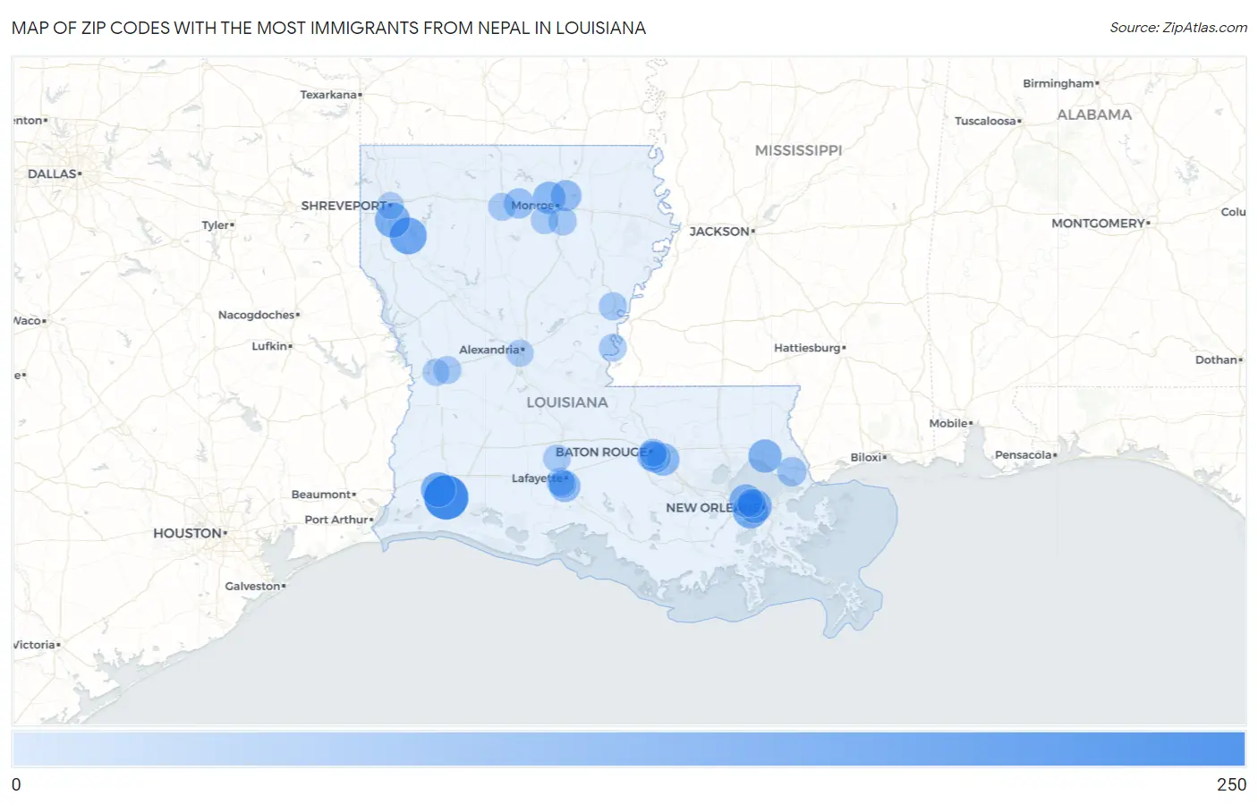 Zip Codes with the Most Immigrants from Nepal in Louisiana Map