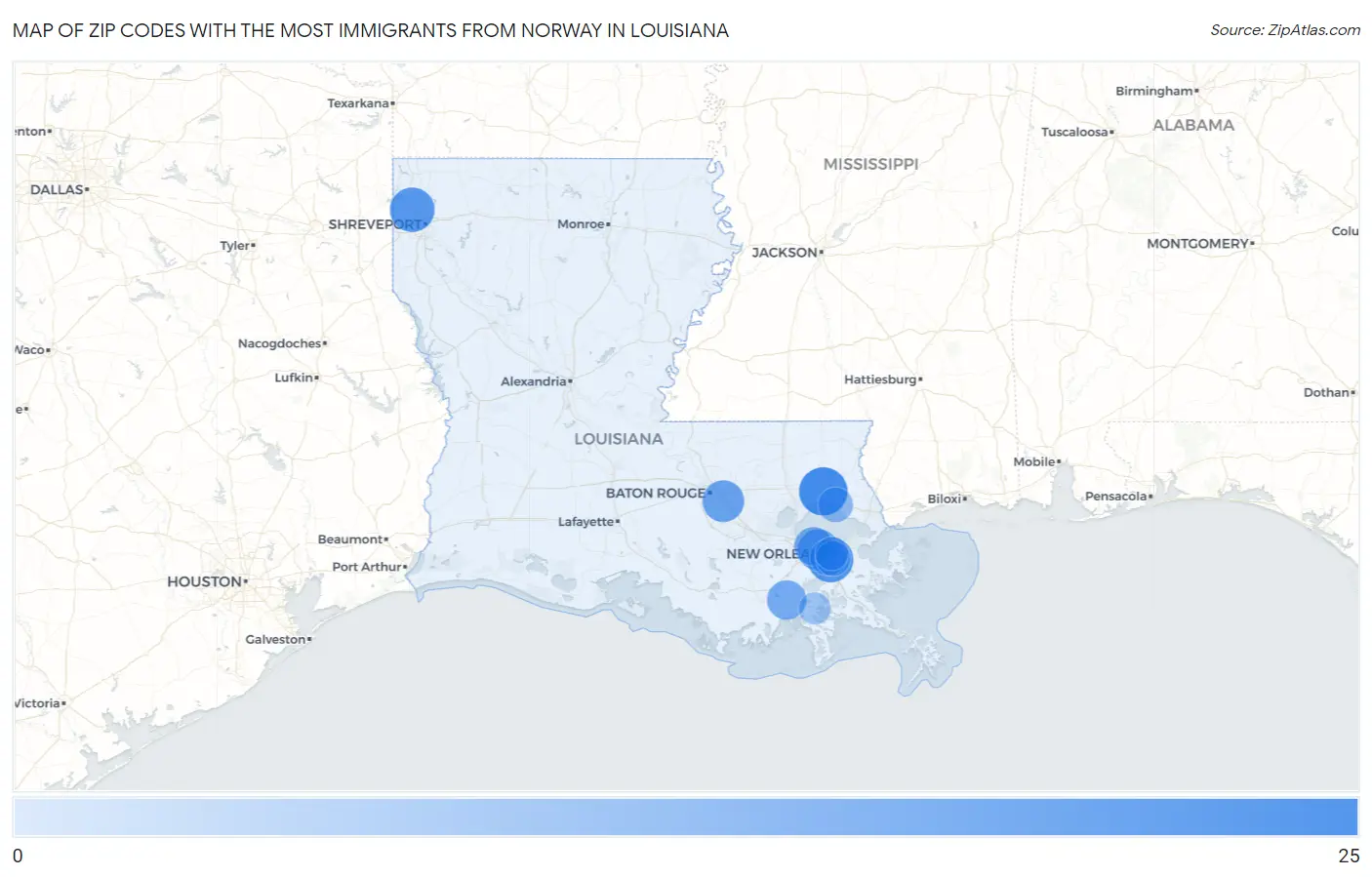 Zip Codes with the Most Immigrants from Norway in Louisiana Map