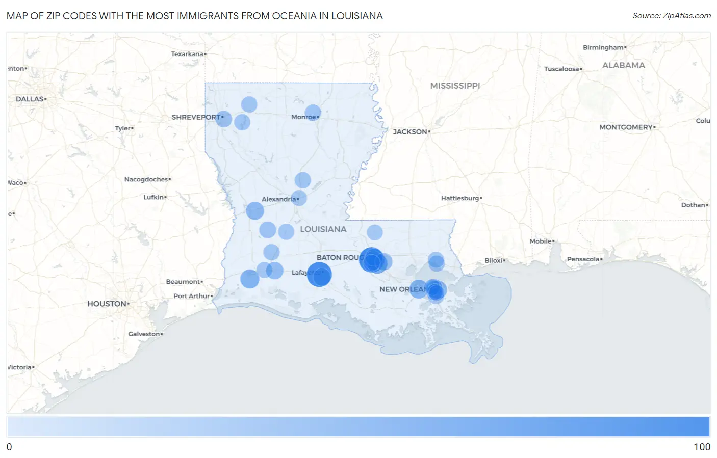 Zip Codes with the Most Immigrants from Oceania in Louisiana Map