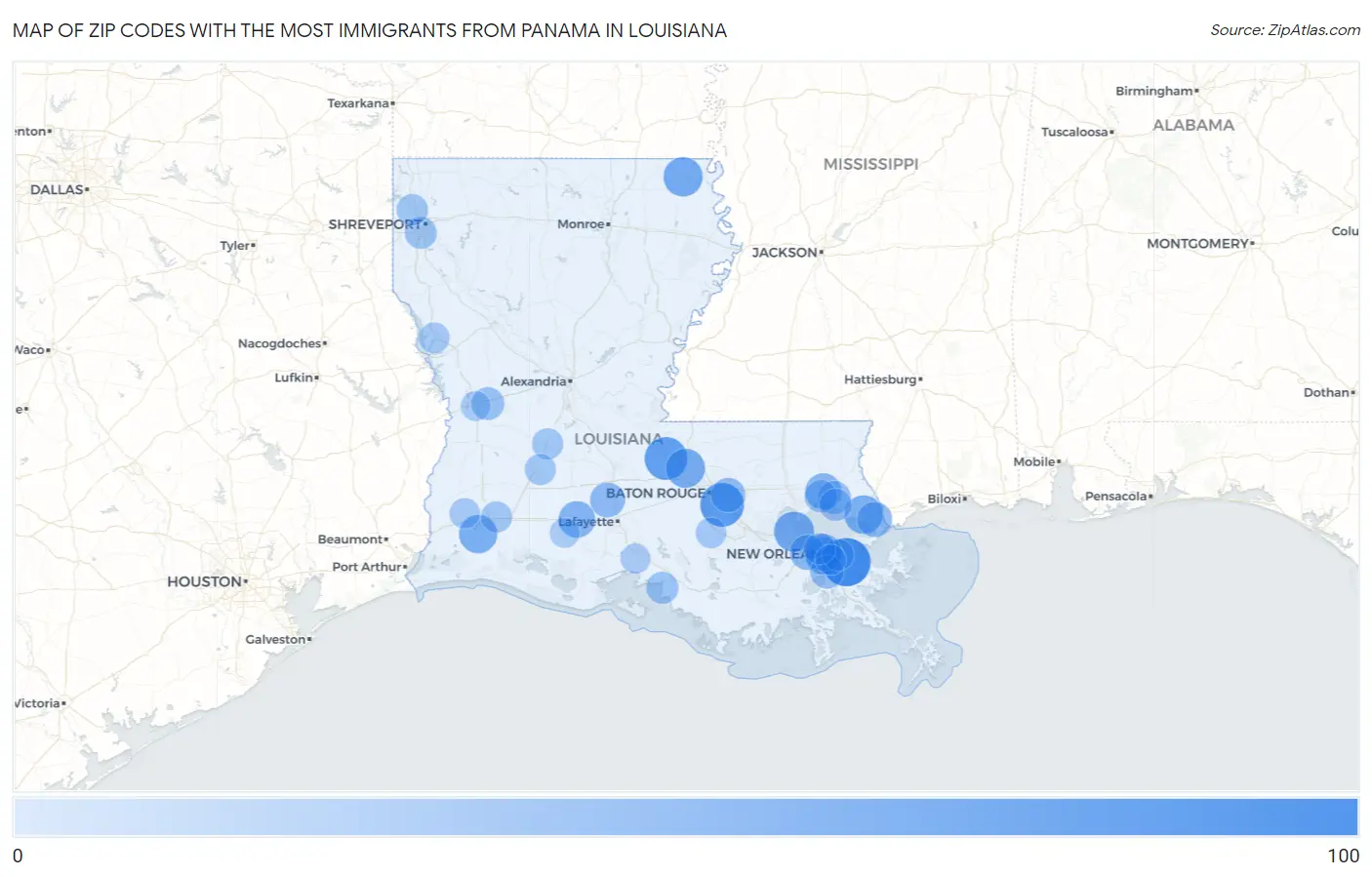 Zip Codes with the Most Immigrants from Panama in Louisiana Map