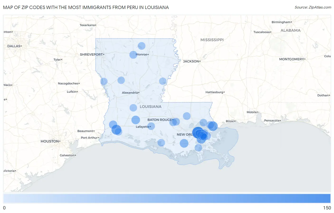 Zip Codes with the Most Immigrants from Peru in Louisiana Map