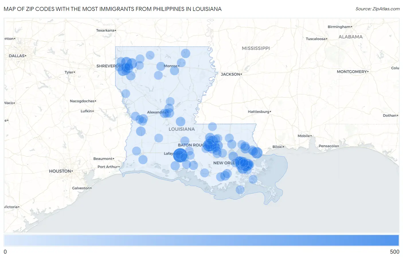 Zip Codes with the Most Immigrants from Philippines in Louisiana Map