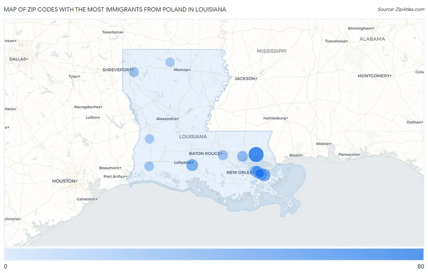 Zip Codes with the Most Immigrants from Poland in Louisiana Map