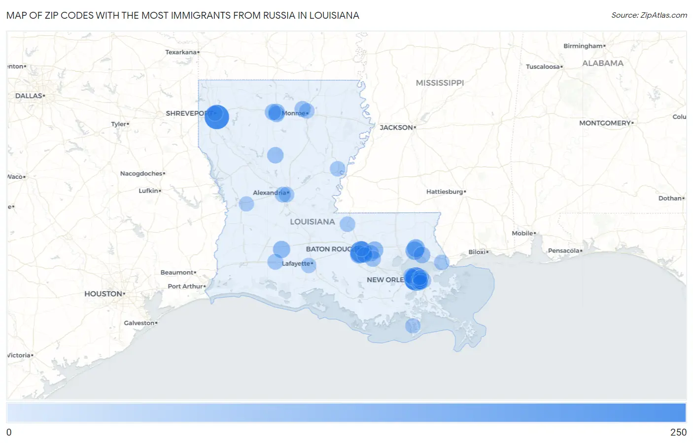 Zip Codes with the Most Immigrants from Russia in Louisiana Map