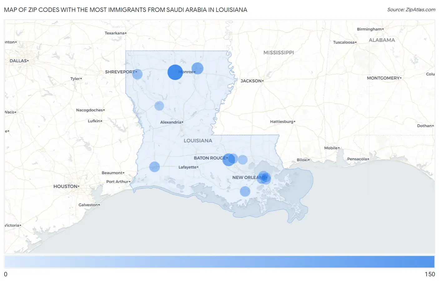 Zip Codes with the Most Immigrants from Saudi Arabia in Louisiana Map