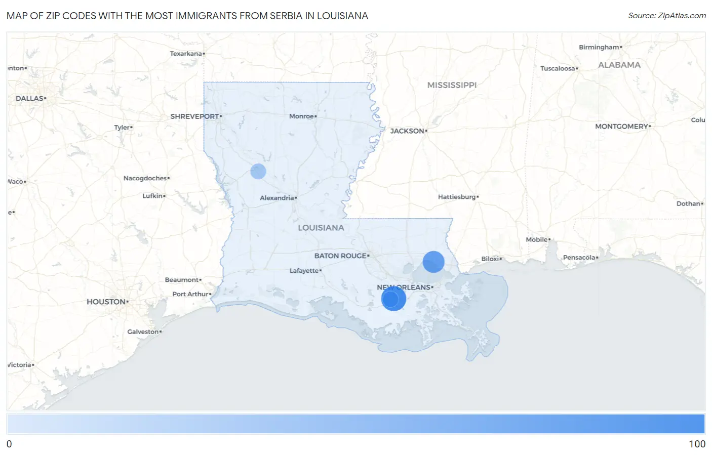 Zip Codes with the Most Immigrants from Serbia in Louisiana Map