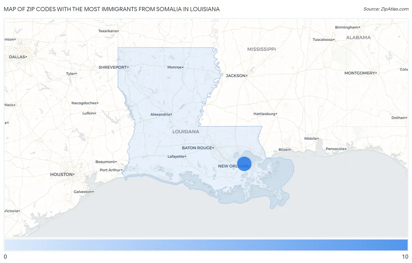Zip Codes with the Most Immigrants from Somalia in Louisiana Map