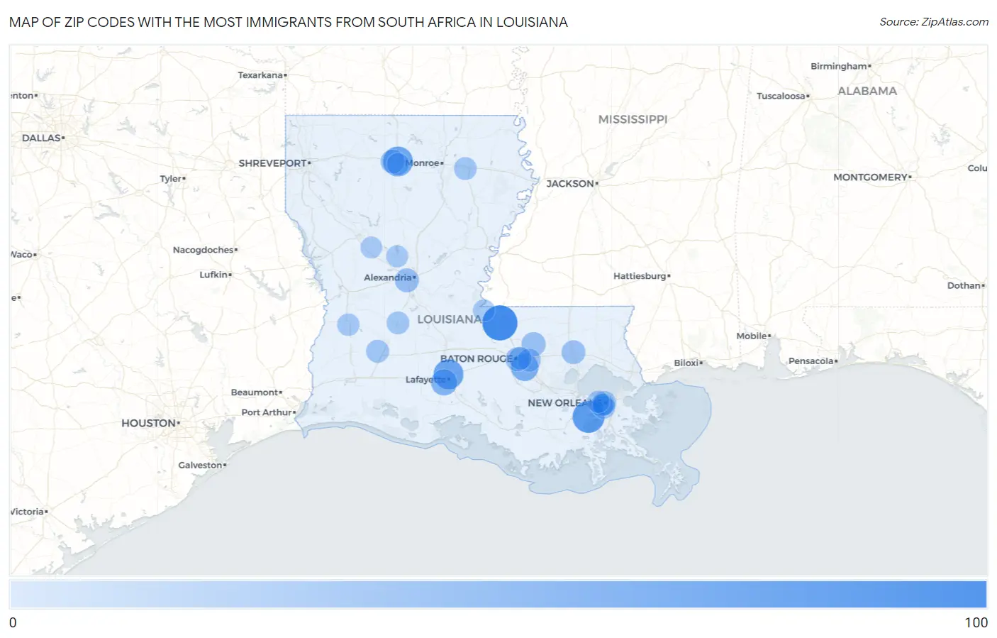 Zip Codes with the Most Immigrants from South Africa in Louisiana Map