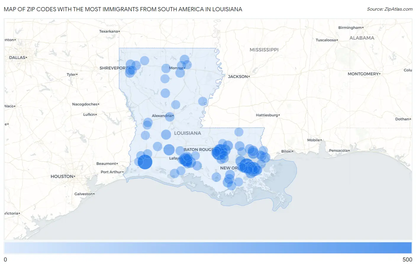 Zip Codes with the Most Immigrants from South America in Louisiana Map