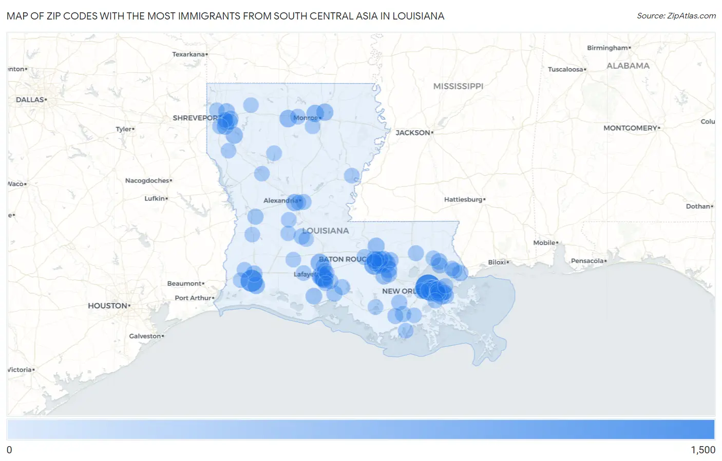 Zip Codes with the Most Immigrants from South Central Asia in Louisiana Map