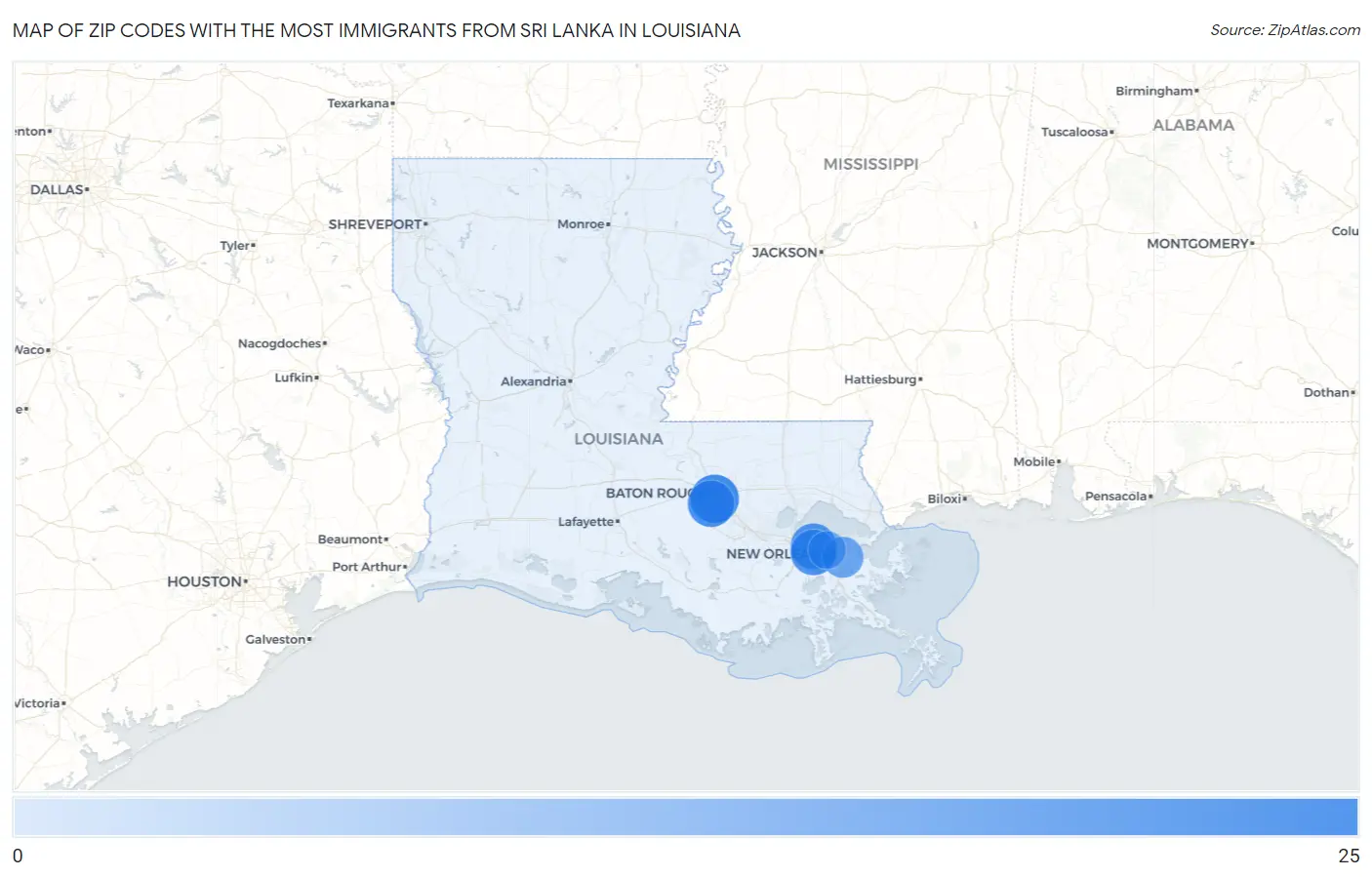 Zip Codes with the Most Immigrants from Sri Lanka in Louisiana Map