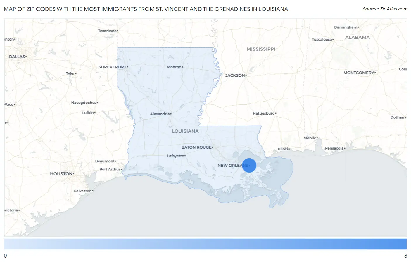 Zip Codes with the Most Immigrants from St. Vincent and the Grenadines in Louisiana Map