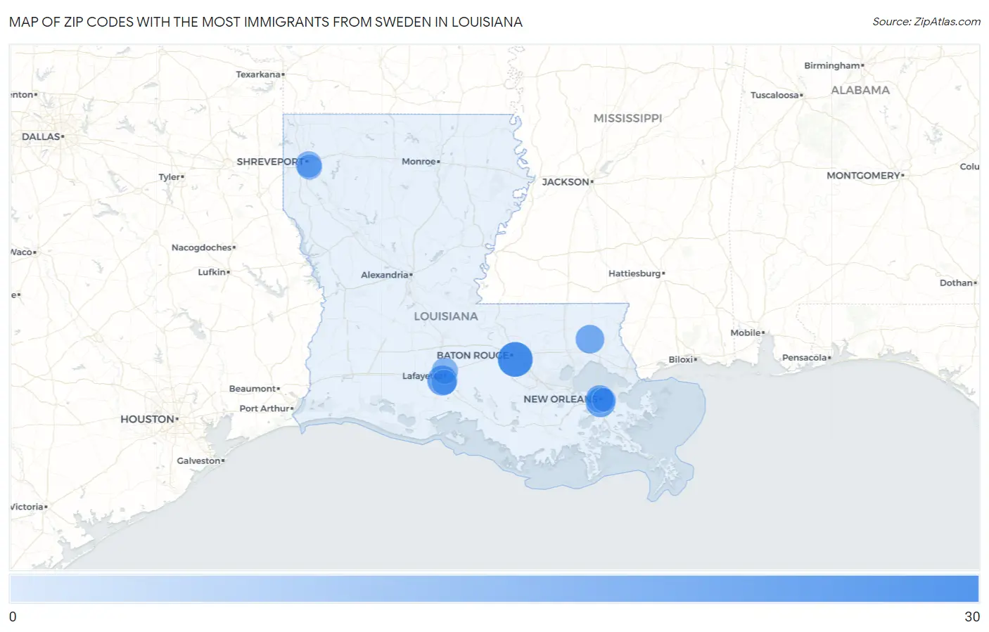 Zip Codes with the Most Immigrants from Sweden in Louisiana Map