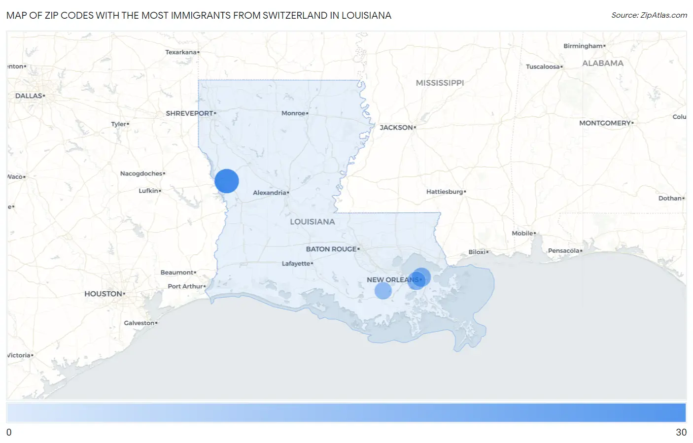 Zip Codes with the Most Immigrants from Switzerland in Louisiana Map