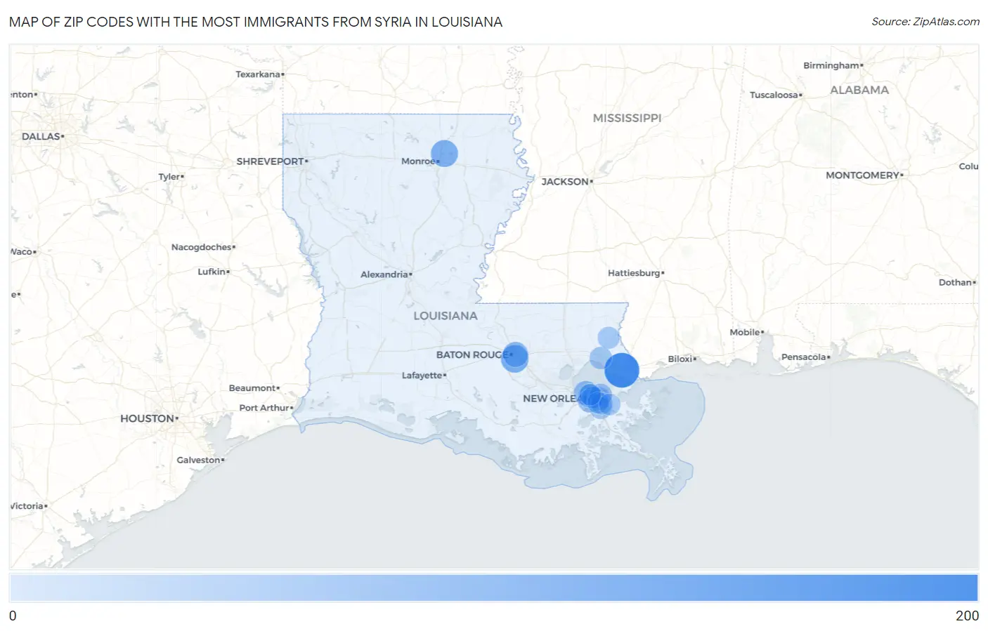 Zip Codes with the Most Immigrants from Syria in Louisiana Map