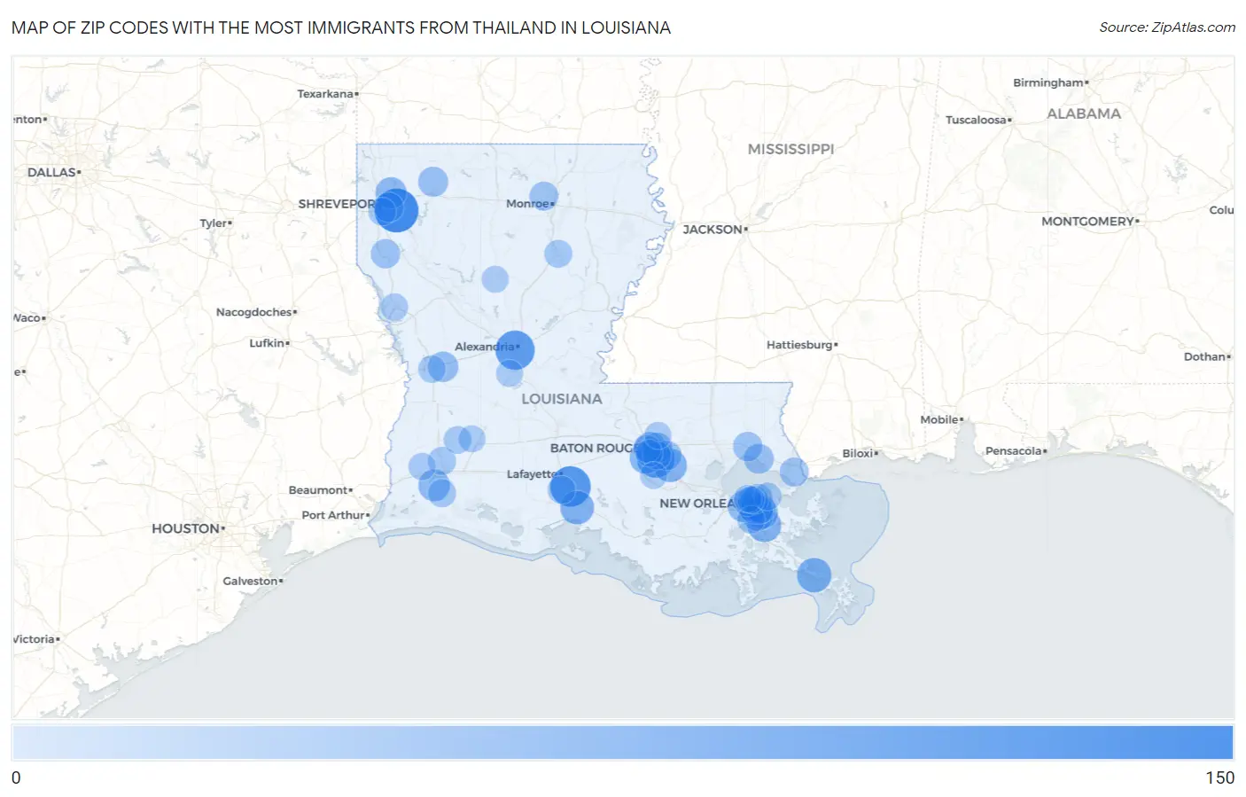 Zip Codes with the Most Immigrants from Thailand in Louisiana Map