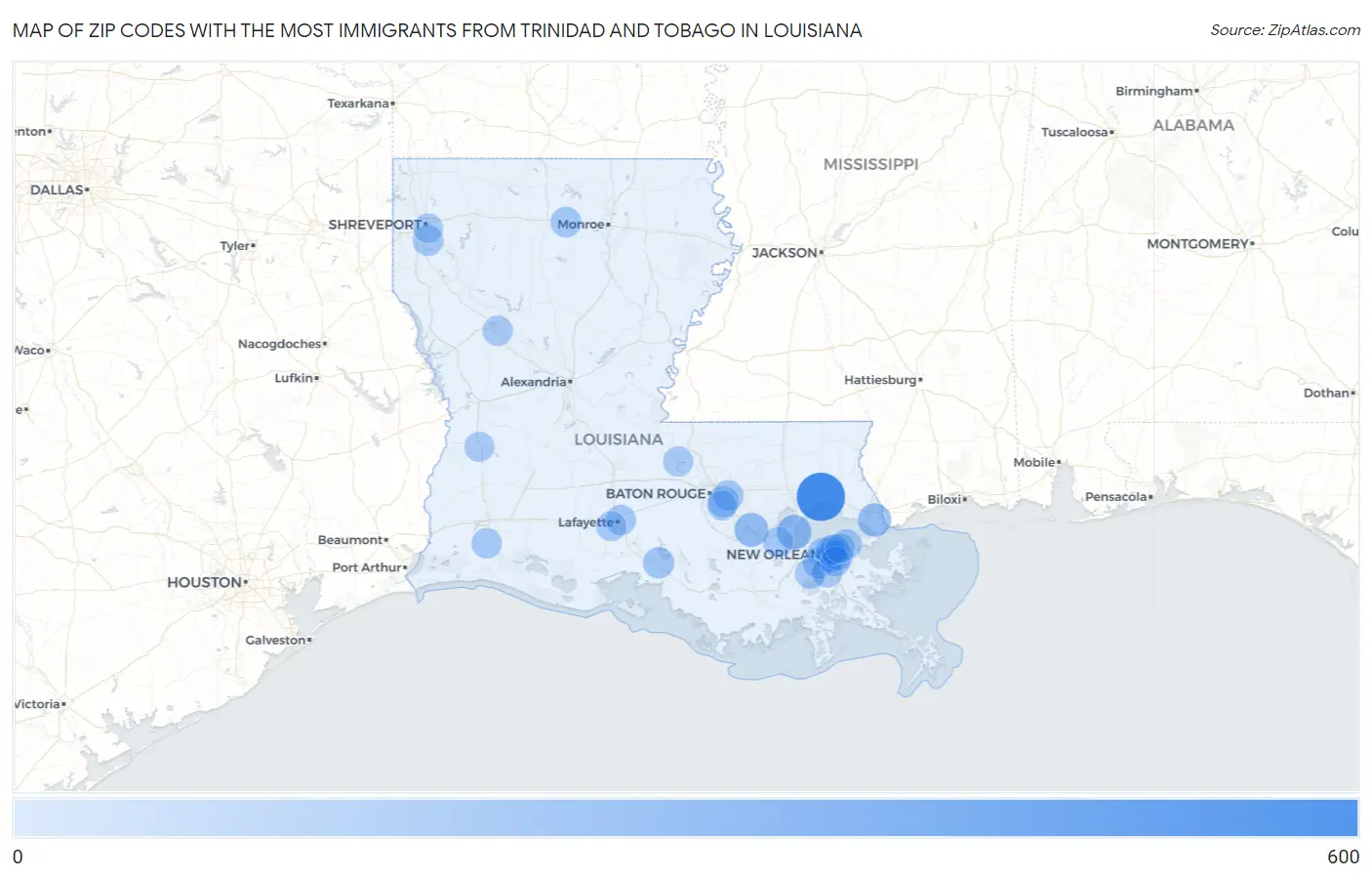 Zip Codes with the Most Immigrants from Trinidad and Tobago in Louisiana Map