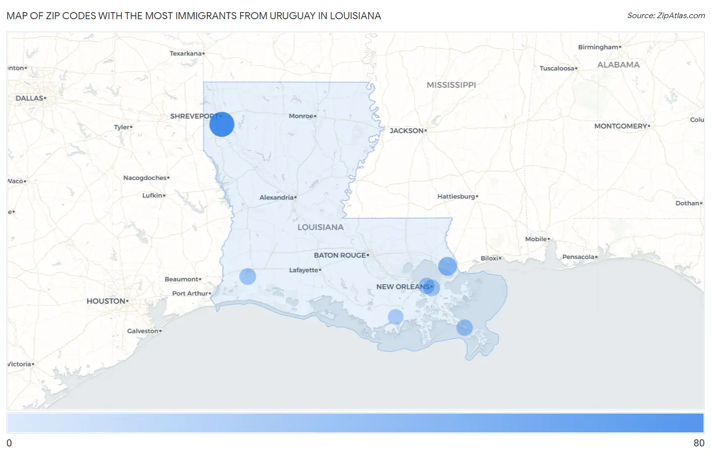 Zip Codes with the Most Immigrants from Uruguay in Louisiana Map